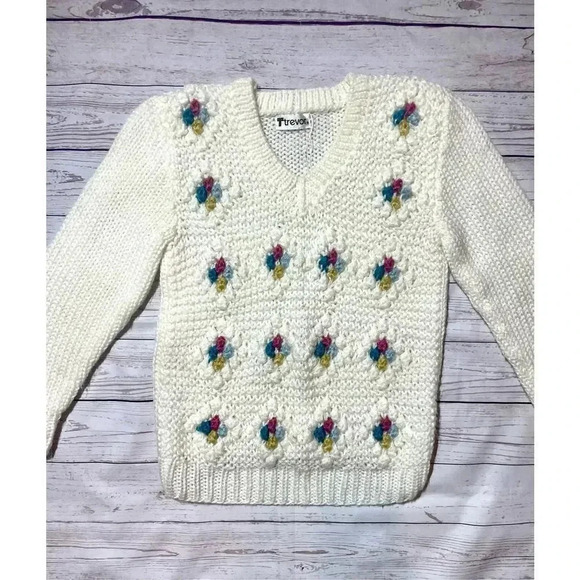 🎉Preppy 🎉Vintage Cream Geometric Crew Knit Pullover Sweater - Picture 1 of 6